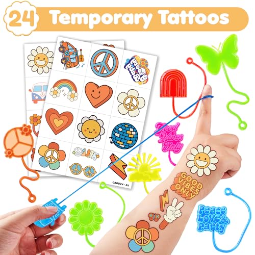 48PCS Groovy Party Favors - 24PCS Groovy Temporary Tattoos & 24PCS Groovy Stick Hands - Perfect Birthday Favors, Goodie Bag Stuffers, Treasure Box Toys, Classroom Prizes, and Student Gifts