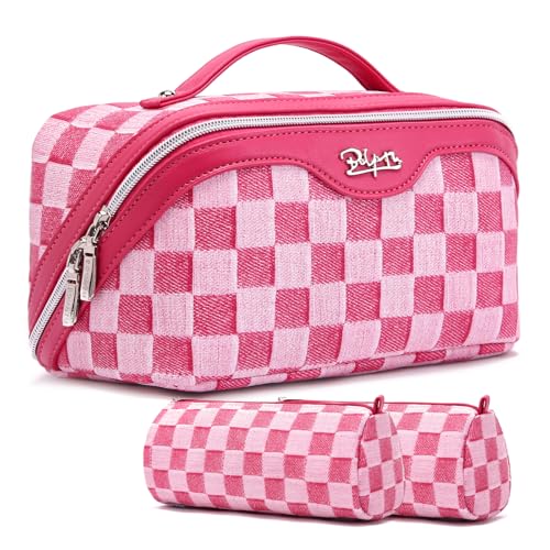 BOYATU Travel Makeup Bag for Women: Large Cosmetic Bag Set of 3 - PU Leather Make up Bag with Compartments - Compact Waterproof Toiletry Bag with Divider & Handle (D-4-Red)