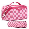 BOYATU Travel Makeup Bag for Women: Large Cosmetic Bag Set of 3 - PU Leather Make up Bag with Compartments - Compact Waterproof Toiletry Bag with Divider & Handle (D-4-Red)