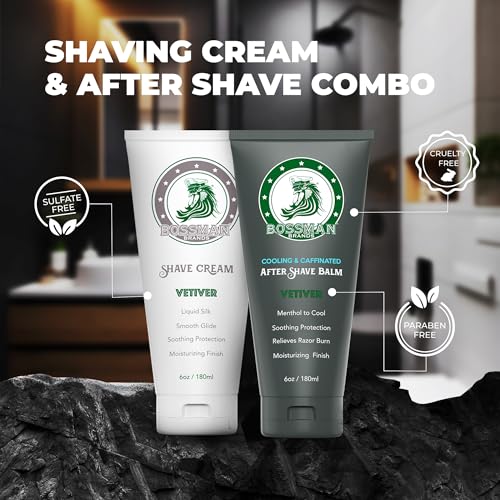Bossman Silk Lotion Shaving Cream & Cooling After Shave for Men Combo ? Shave Cream & After Shave Balm for Men (Vetiver X Scent)