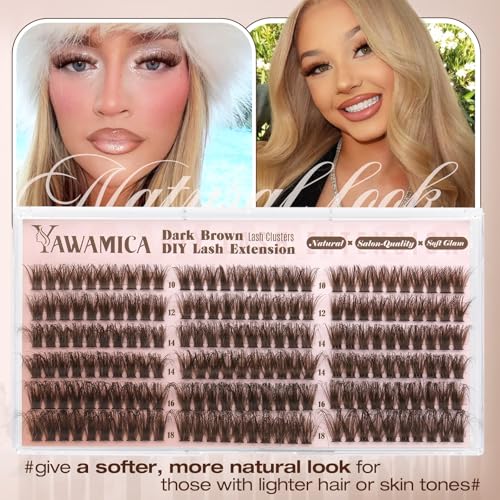 Yawamica Brown Fluffy Lash Clusters 100D Volume Wispy Eyelash Clusters 10-18mm D Curl Eyelash Extensions Individual Lashes Dark Brown Cluster Lashes DIY Brown Lash Extension by Self