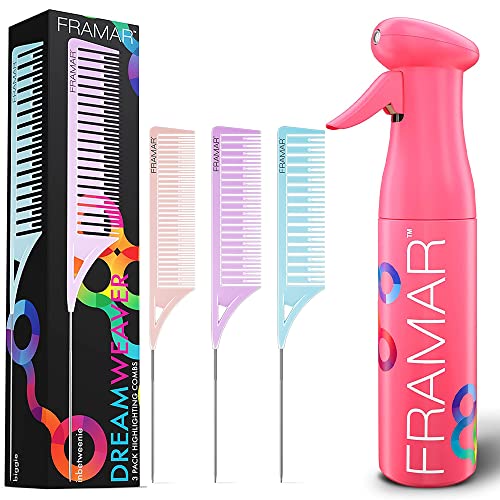 FRAMAR Dreamweaver Highlight Comb Set ? Combs for Hair Stylist- FRAMAR Pink Premium Hair Spray Bottle Continuous Mist