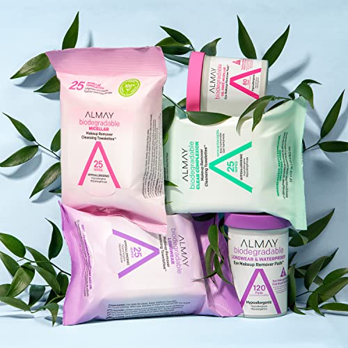 Almay Makeup Remover Cleansing Towelettes, Biodegradable Micellar Water Wipes for Sensitive Skin, Hypoallergenic, Cruelty- & Fragrance-Free, 25 Count (Pack of 2)