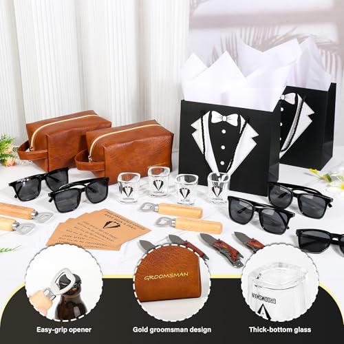 54Pcs Groomsmen Gifts Set of 6, Proposal Gift Box with Toiletry Bags, Whiskey Glasses, Sunglasses, Wood Handle Pocket Knives, Bottle Openers, Cards, Envelopes and Tuxedo Gift Bags (6 Set)