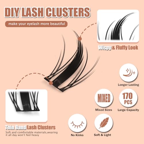Fairy Lash Kit 170PCS Wide Band Lash Clusters DIY Extension Kit with 2-in-1 Bond & Seal Remover & Applicator 8?16mm Mixed Lengths & Volume Lash Set for All-Day Glam
