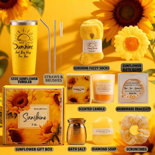Sunshine Gift Basket for Women ? 10pcs Birthday Gifts for Women, Best Friend Cheer Up Box, Get Well Soon Care Package, Thinking of You Gifts for Mom, Sister, Friend (Sunflower - 10 PCS)