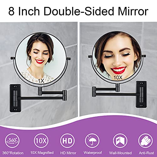 Wall Mounted Magnifying Makeup Mirror with 1X 10X Magnification and Extendable Arm, 8 Inch Double Sided Vanity Mirror for Bathroom, Wall Mirror for Teen Girls, Women, Matte Black
