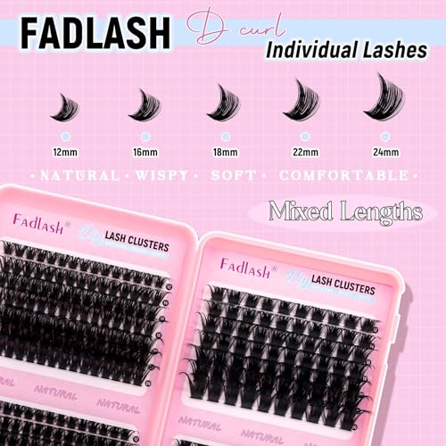 DIY Lash Clusters 120D+150D+200D+250D Eyelash Clusters Eyelash Extension 12-24mm D Curl Fluffy Clusters Eyelashes Individual Natural Lashes Thin Band Soft Lash Extension Clusters for Beginners