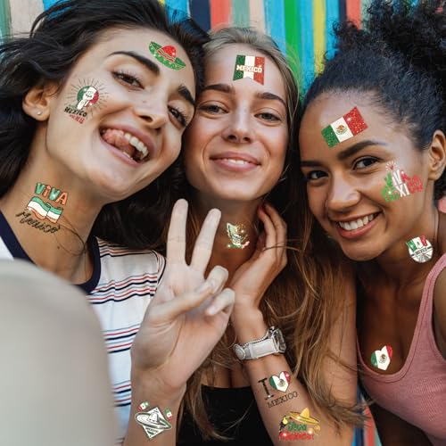 winthrop 120 Pcs Glitter Mexican Independence Day Temporary Tattoos, Individually Wrapped Waterproof Safety Mexico Themed Tattoos, Best Choice for September 16th Viva Mexico Party, 60 Designs
