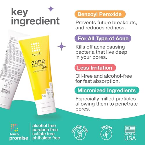 Touch Benzoyl Peroxide 2.5% Gel Cream For Acne - Pimples and Cystic Acne Spot & Daily Face and Back Medication for Adults & Teens ? Goes on Clear Lightweight & Non-Drying - Large 8 oz.