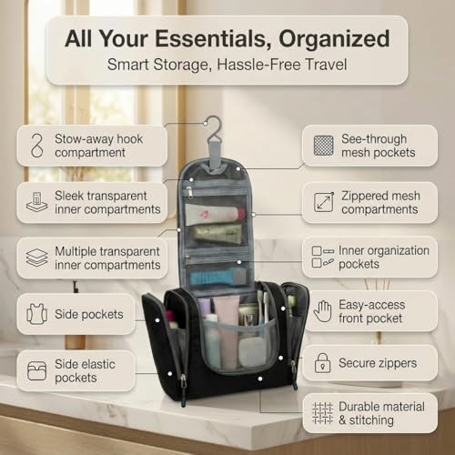 Bago Travel Toiletry Bag for Women and Men - Large Waterproof Hanging Large Toiletry Bag for Bathroom and Travel Bag for Toiletries Organizer -Travel Makeup Bag (Black)