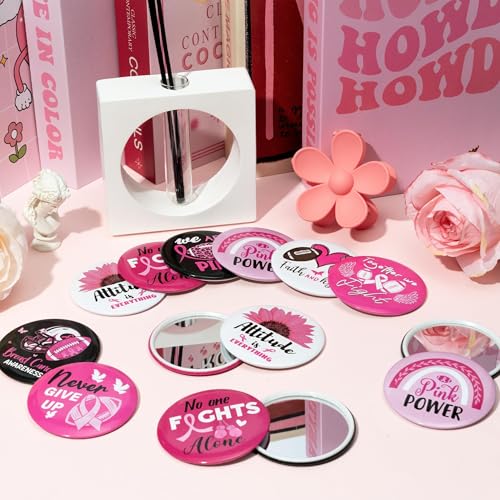 Y1tvei Breast Cancer Awareness Mirrors - 36Pcs Pink Ribbon Motivational Encourage Gift for Christian, Survivor Portable Mini Mirror Inspirational Thanksgiving Birthday Gifts for Christmas Party Favors