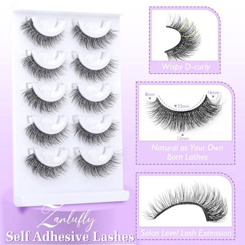 Self Adhesive Eyelashes Natural Pre-glued Lashes No Glue Needed Lashes Cat Eye Lashes Faux Mink Eyelashes Reusable Self Adhesive Lashes 5 Pairs by zanlufly