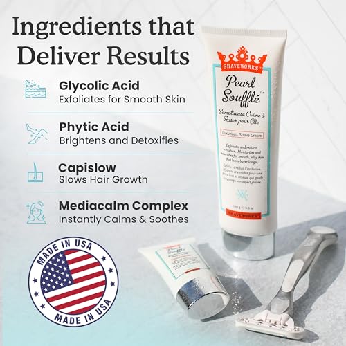 Shaveworks Pearl Souffl? Shaving Cream for Women ? Soothing, Hydrating Shave Lotion for Legs, Underarms, Bikini Area ? Reduces Irritation, Slows Future Hair Growth 5.3 Fl Oz