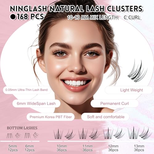 NINGLASH Wink Lash Clusters Kit Wispy DIY Eyelash Extension, Manga 168pcs Natural Individual Fairy Spikes Cluster Eyelashes Anime Eye Lashes Waterproof Lash Bond and Seal Remover Tweezer Comb Brush