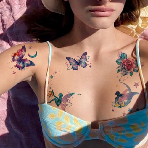 110 Glitter Styles Temporary Tattoos for Girls Women - 12 Sheets Glitter Dream Butterfly Moon Fairy Mermaid Temporary Tattoos for Girls Party Favors Festival Makeup