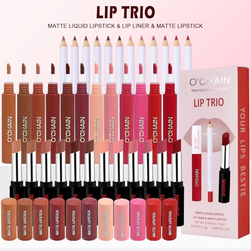 O'CHAIN 3PCS Lip Liner & Lipstick Combo Set, Velvet Matte Lipstick and Matte Liquid Lipstick, Long-Lasting Waterproof and Smudge Proof, Lip Makeup Kit for Women (12 REY)