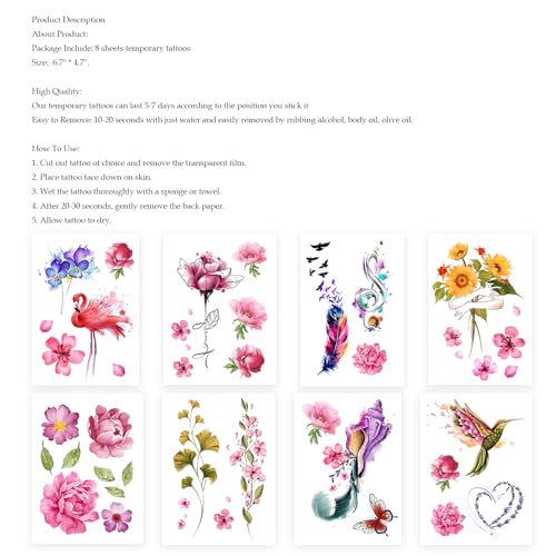 Temporary tattoos for women and girls Arm flower butterfly tattoo sexy elegant roses, small flowers long-lasting a week(colourful)