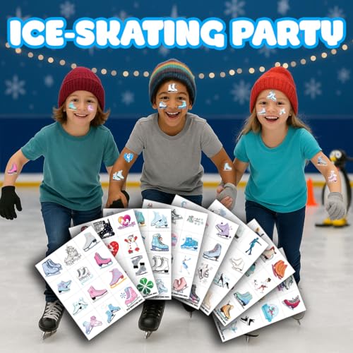 96PCS Ice Skating Temporary Tattoos Stickers Pre-Cut for Kids Girls Boys ? Winter Holiday Birthday Party Favors, Snowflake Skater Party Decorations, Supplies, School Gifts Rewards