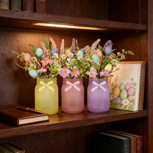 3 Pack Easter Mason Jar Floral Table Centerpiece Tiered Tray Decor with Wood Tray Artificial Easter Egg and Spring Daisy Flowers Plants for Farmhouse Home Kitchen Bathroom Decor