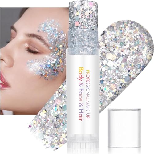 3PCS Face and Body Glitter Stick, Waterproof Halloween Face Glitter Gel, Chunky Sequins Face Hair Glitter Makeup, Silver Black Sparkle Body Glitter for Women and Kid