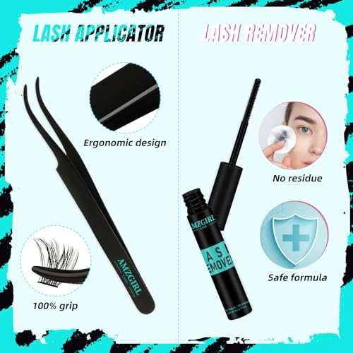 AMZGIRL LASH Midnight DIY Lash Extension Kit, 144 pcs Eyelash Clusters Kit Lash Bond and Seal, Lash Glue Remover and Applicator for Individual False Eyelashes Kit Lash Extensions(D-Mix 8-16mm Kit)
