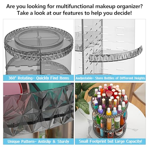 360 Rotating Makeup Organizer, DIY Adjustable Cosmetics Organizer[Patented Product], Professional Acrylic Make Up Caddy Shelf Storage Perfume, Lipsticks, Makeup Brushes or Accessories (Gray)