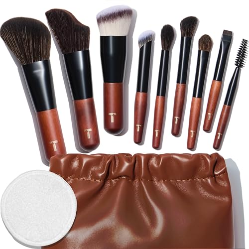 Cosme 9 FLAWLESS FACE MINI Short Handle Makeup Brush Set & Case - Travel Size Small Buffing Foundation, Powder, Concealer, Blush Bronzer Contour, Eyeliner, Brow, Eyeshadow in Natural & Synthetic Hair