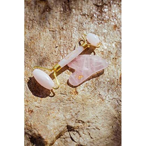 Face Roller & Gua- Sha Natural Rose Quartz Cold Facial Set For Puffy eyes | By Organic Touch Beauty | Boost Blood Circulation | Minimizes Wrinkles Pores and Fine Lines | Lymphatic Drainage