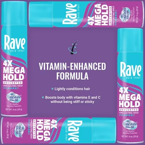 Rave 4X Mega Unscented Aerosol Hairspray - Hair Spray for High Humidity Weather - 24-Hour Lasting Hold - Vitamin-Enhanced Hair Volume Spray - 2 pc