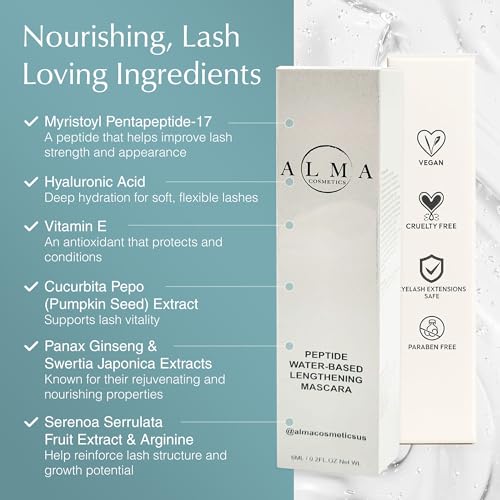 Eyelash Growth Mascara,Eyelash Extensions Safe, Water Based, Oil Free, Peptide Booster Infused, Nourishing, Vegan, Cruelty Free, Black