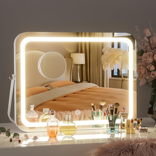 Hasipu Vanity Mirror with Lights, 14" x 10" LED Makeup Mirror, 3 Modes Light, Smart Touch Control Dimmable, 360¡ÆRotation, Rectangle White Frame, with 5X Magnifying Glass