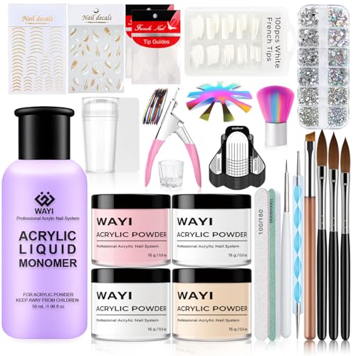 WAYI Acrylic Nail Kit for French Nails, 58ml Monomer, 4¡¿15g Acrylic Powders (Clear/White/Pink/Nude), White French Tips, Rhinestones & Full Tools for Beginners & DIY