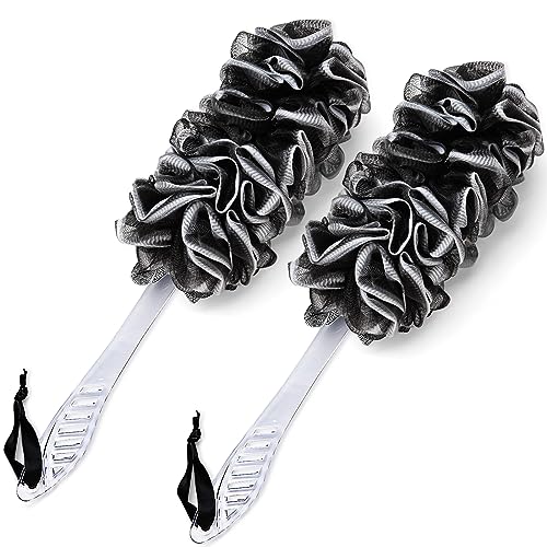 Qewro 2Pack Back Scrubber for Shower, Dual-Sided Loofah on a Stick as Shower Brush Exfoliating Body with Long Handle, Loofah Sponge Mens Loofah Bathing Accessories for Women (2Pack Black)