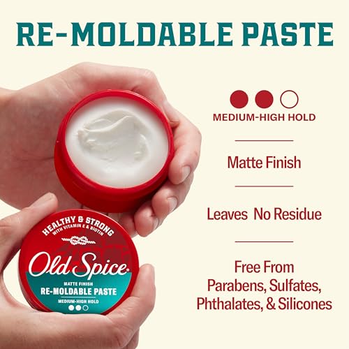 Old Spice Re-Moldable Paste for Men, Healthy & Strong with Vitamin E & Biotin, Men's Hair Styling Paste, Medium-High Hold, Matte Finish, 2.22 oz