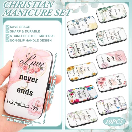 10 Sets Christian Gifts Bulk for Women Church Bible Manicure Sets Floral Scripture Stainless Steel Nail Clipper Set Religious Gift for Employee Teacher Christmas Party Supplies