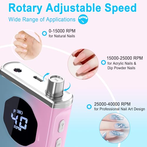 Nail Drill Professional 40000RPM for Acrylic Nails, Nail Drill Portable Electric Nail Drill for Nail Manicure, Nail Drill Rechargeable High Capacity for Salon and Home Use (Pink-Blue)
