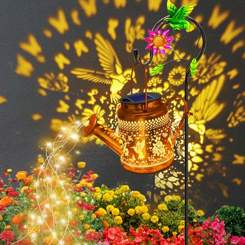 Solar Lanterns Outdoor Waterproof, Hummingbird Watering Can Garden Decor, Hanging Solar Path Lights Yard Art, Outside Patio Decoration Gardening Christmas Gift for Mom Grandma Women with Shepherd Hook