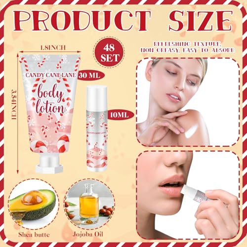 48 Set Christmas Candy Peppermint Cane Lip Balm and Body Lotion Bulk Christmas Hand Cream for Women Peppermint Lip Balm for Women Men Travel Size Body Lotion Gift