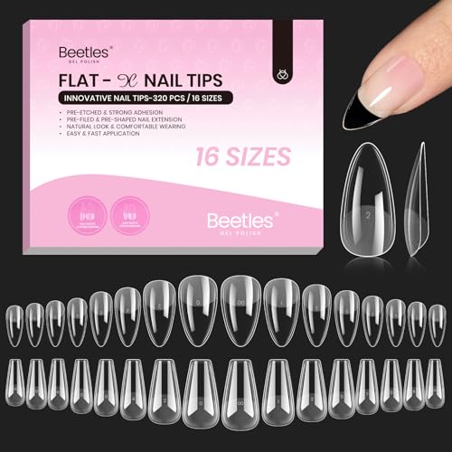 Beetles Gel Nail Tips Flat-X - Almond Coffin Medium, 320pcs 16 Sizes, Pre-Etched Half Matte Full Cover Soft Acrylic False Nail Tips Easy DIY Press on Nail Extension Salon for Flat & Natural Nail Beds