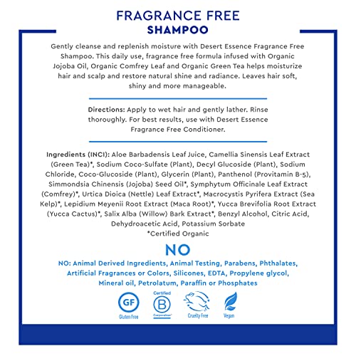 Desert Essence Fragrance Free Shampoo ? 8 fl oz ? Unscented Gentle Cleanser with Jojoba Oil, Green Tea & Comfrey ? Softens & Strengthens Hair, Adds Shine ? For Sensitive Scalps
