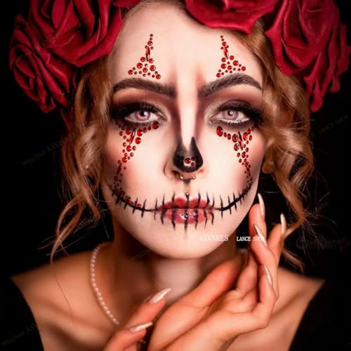 4 Pieces Face Gems Jewels Tattoos for Halloween, Day of the Dead Face Temporary Skull Tattoos Rhinestone Crystal Stones Body Gems Makeup Stickers for Halloween Festival Rave Party Outfit
