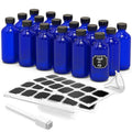 Nevlers 8 Oz Glass Bottles with Lids 18 Pack | Leakproof 8oz Bottles with Lids, Funnel, Brush, Marker & Labels | Cobalt Blue Bottle Set For Use as Glass Juice Jars, Vanilla Extract Making Kit & More
