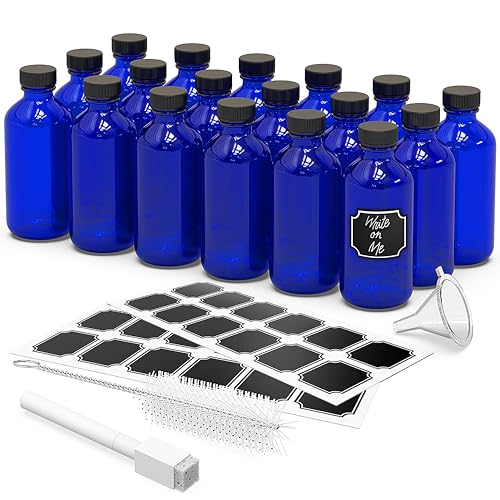 Nevlers 8 Oz Glass Bottles with Lids 18 Pack | Leakproof 8oz Bottles with Lids, Funnel, Brush, Marker & Labels | Cobalt Blue Bottle Set For Use as Glass Juice Jars, Vanilla Extract Making Kit & More