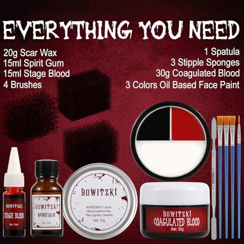 Bowitzki Halloween Makeup Kit SFX Scar Wax Special Effect Makeup,Coagulated Blood + 3 Colors Oil Based Face Paint + Spirit Gum + Skin Wax + 3 Stipple Sponges + Spatula
