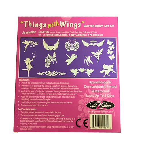 Glitter Tattoo Kit THINGS WITH WINGS - HYPOALLERGENIC and DERMATOLOGIST TESTED! - with 6 Large Glitters & 12 Stencils for Temporary Tattoos