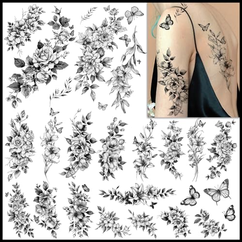 Realistic Flower Temporary Tattoos for Women - 9 Large Sheets Flower Rose Tattoos For Women Body Art Arm Chest Legs Shoulder