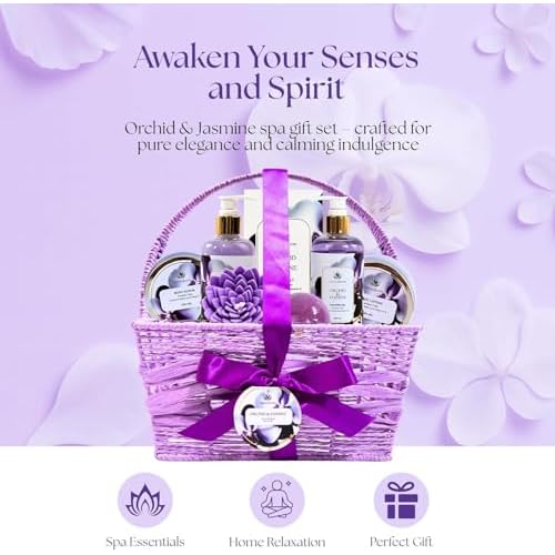 Christmas Bath Spa Gifts for Women ? Orchid & Jasmine | 9-Piece Luxury Bath and Body Set with Shower Gel, Bubble Bath, Body Mist, Lotion, Scrub, Bath Salt & More | Relaxing Gift for Her Birthday