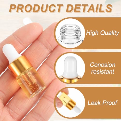 100 Pcs Mini Glass Oil Dropper Bottle Bulk, 2 ml Gold Clear Essential Small Empty Bottles Sample Containers Perfume Liquid Vials with Cap for Traveling