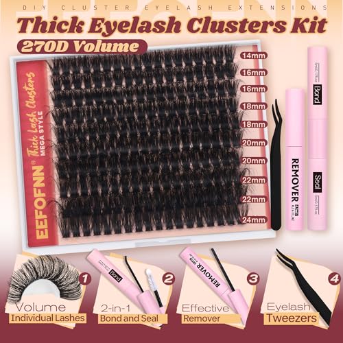 Fluffy Lash Clusters Kit Dramatic 270D Cluster Eyelash Extensions Kit 14-24mm Long Eyelash Clusters Kit Thick Volume Individual Lashes Bond and Seal Remover Tweezers Mega Lash Extension Kit by Eefofnn